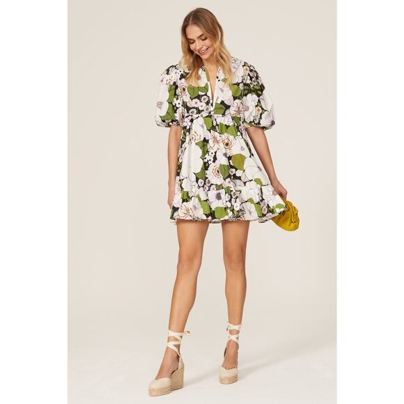 Maje Rafleur Green Floral Puff Sleeve 70s Mini Dress Size L - Picture 1 of 15